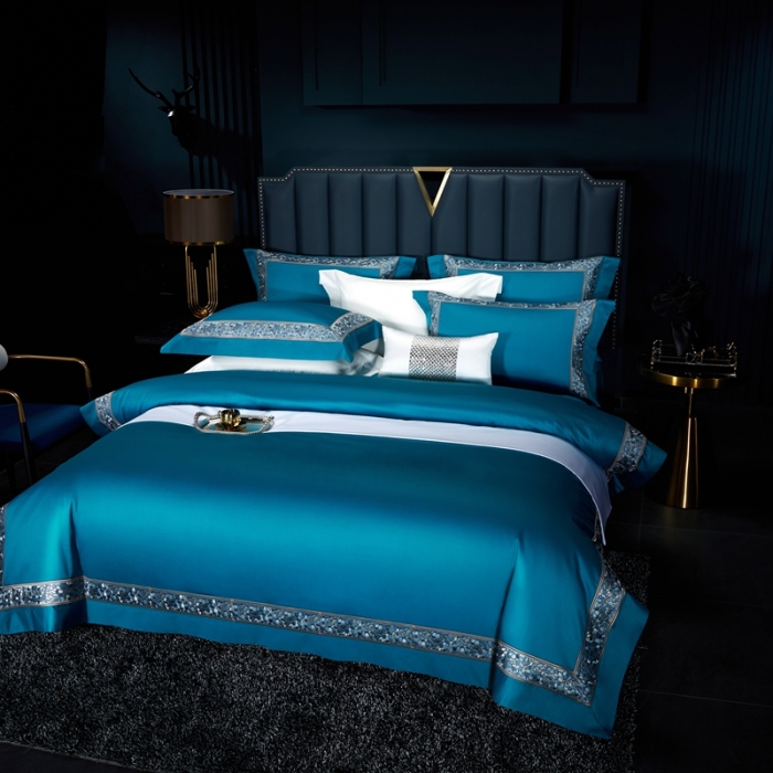 91家纺网 家纺一手货源 找家纺 缔缦家纺 2022新款100s澳棉刺绣系列四件套-布瑞琪 孔雀蓝