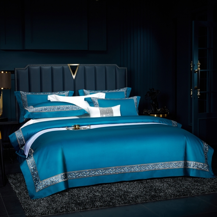 91家纺网 家纺一手货源 找家纺 缔缦家纺 2022新款100s澳棉刺绣系列四件套-布瑞琪 孔雀蓝