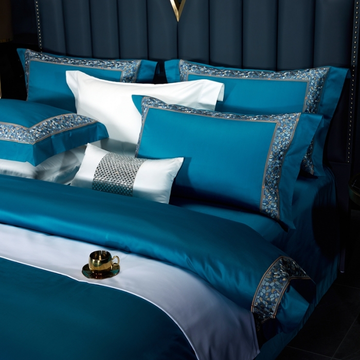 91家纺网 家纺一手货源 找家纺 缔缦家纺 2022新款100s澳棉刺绣系列四件套-布瑞琪 孔雀蓝