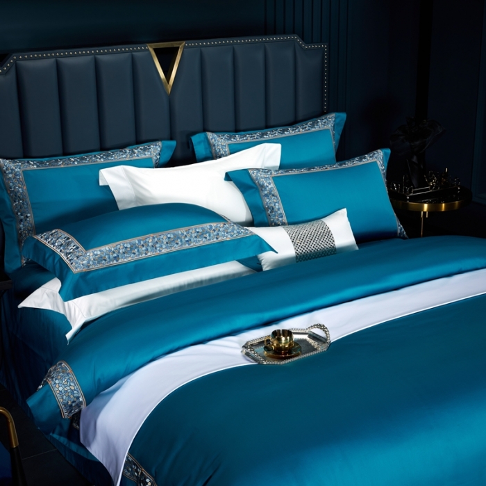 91家纺网 家纺一手货源 找家纺 缔缦家纺 2022新款100s澳棉刺绣系列四件套-布瑞琪 孔雀蓝