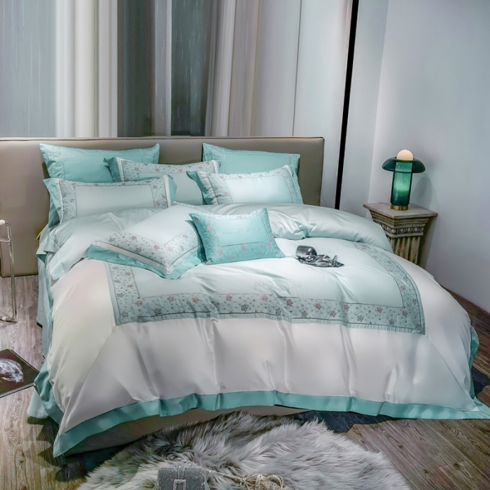 91家纺网 家纺一手货源 找家纺 缔缦家纺 2022新款100s澳棉刺绣系列四件套-花钻 晴兰