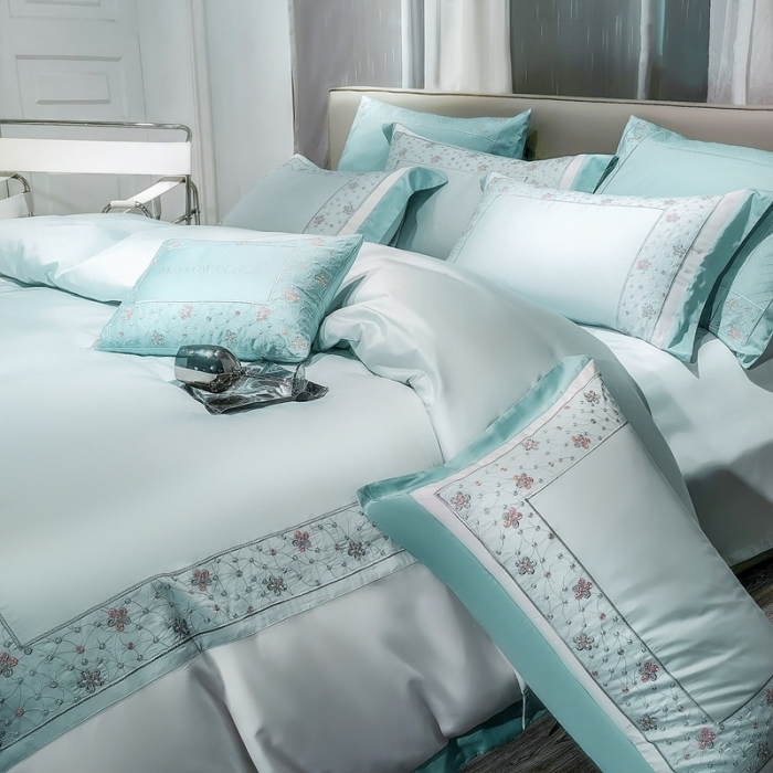 91家纺网 家纺一手货源 找家纺 缔缦家纺 2022新款100s澳棉刺绣系列四件套-花钻 晴兰