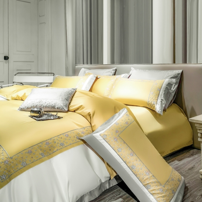 91家纺网 家纺一手货源 找家纺 缔缦家纺 2022新款100s澳棉刺绣系列四件套-花钻 琥珀黄