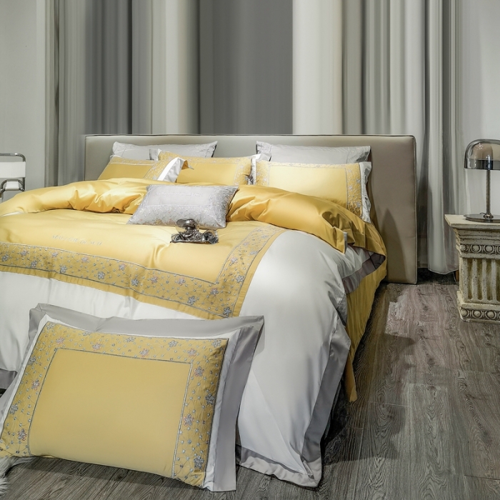 91家纺网 家纺一手货源 找家纺 缔缦家纺 2022新款100s澳棉刺绣系列四件套-花钻 琥珀黄