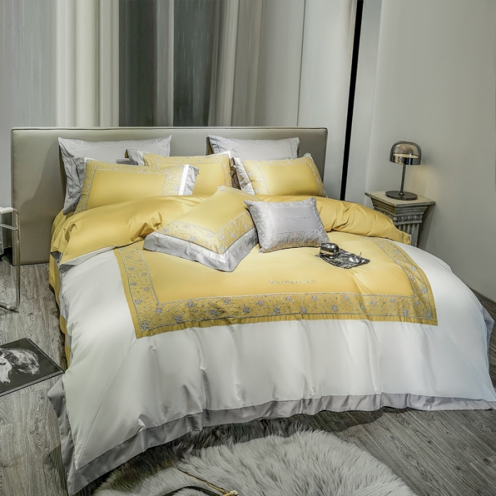 91家纺网 家纺一手货源 找家纺 缔缦家纺 2022新款100s澳棉刺绣系列四件套-花钻 琥珀黄