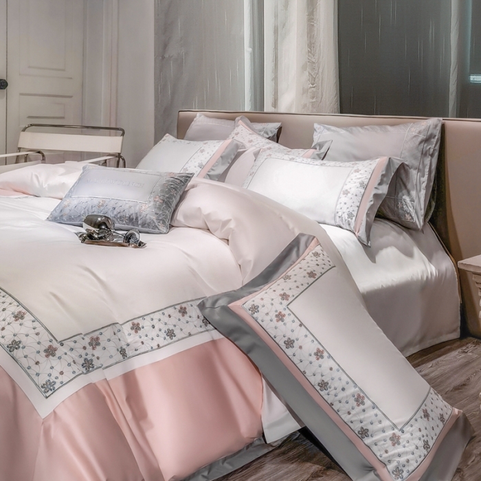 91家纺网 家纺一手货源 找家纺 缔缦家纺 2022新款100s澳棉刺绣系列四件套-花钻 柔白