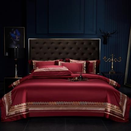 91家纺网 家纺一手货源 找家纺 缔缦家纺 2022新款100s澳棉刺绣系列四件套-恋曲 酒红