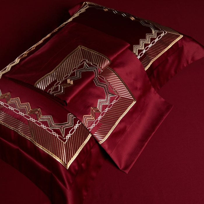 91家纺网 家纺一手货源 找家纺 缔缦家纺 2022新款100s澳棉刺绣系列四件套-恋曲 酒红