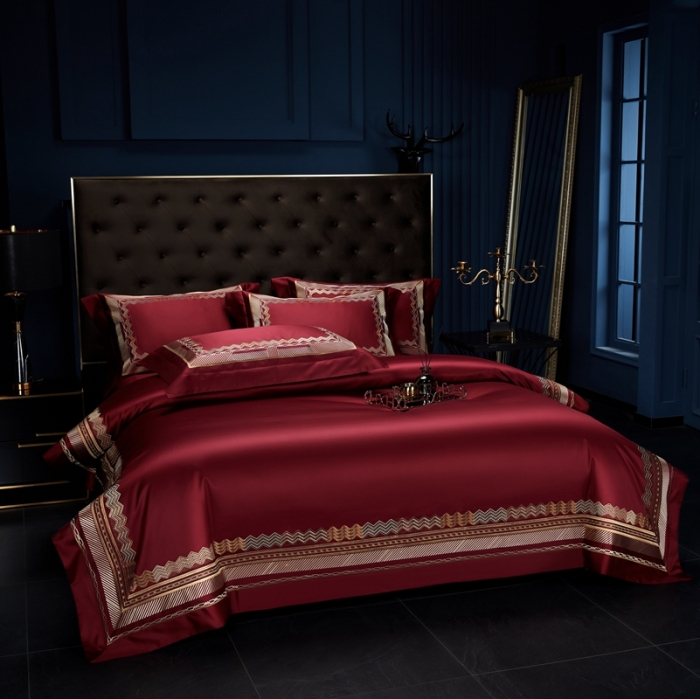 91家纺网 家纺一手货源 找家纺 缔缦家纺 2022新款100s澳棉刺绣系列四件套-恋曲 酒红