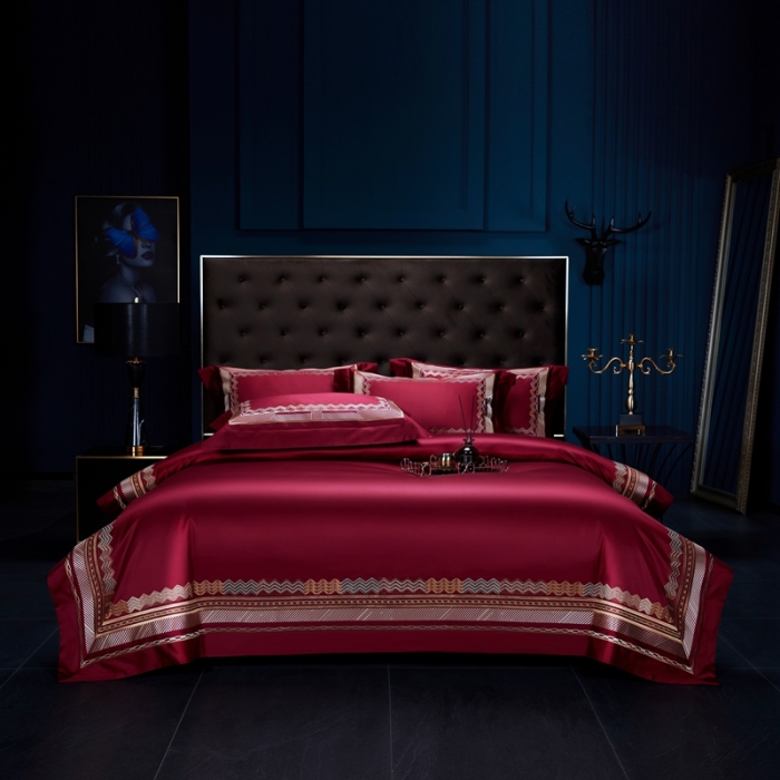 91家纺网 家纺一手货源 找家纺 缔缦家纺 2022新款100s澳棉刺绣系列四件套-恋曲 酒红