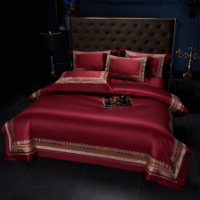 91家纺网 家纺一手货源 找家纺 缔缦家纺 2022新款100s澳棉刺绣系列四件套-恋曲 酒红