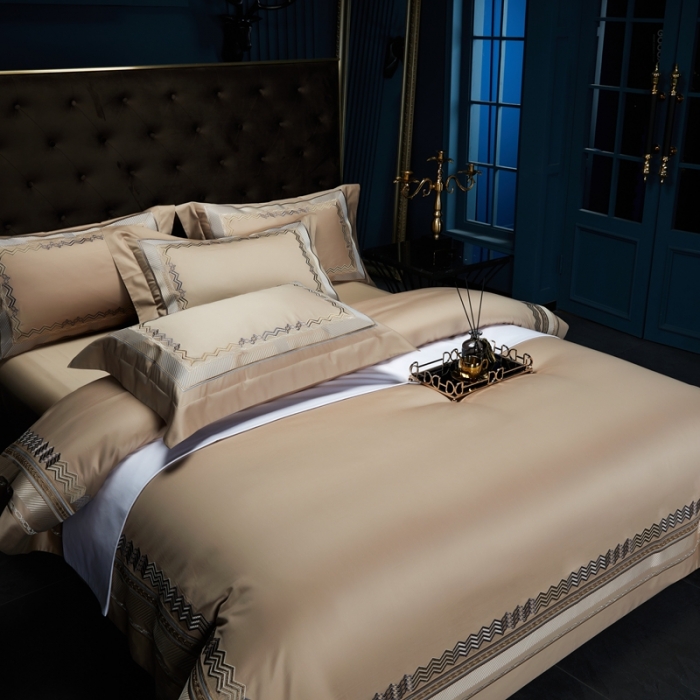 91家纺网 家纺一手货源 找家纺 缔缦家纺 2022新款100s澳棉刺绣系列四件套-恋曲 卡其