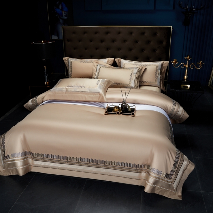 91家纺网 家纺一手货源 找家纺 缔缦家纺 2022新款100s澳棉刺绣系列四件套-恋曲 卡其