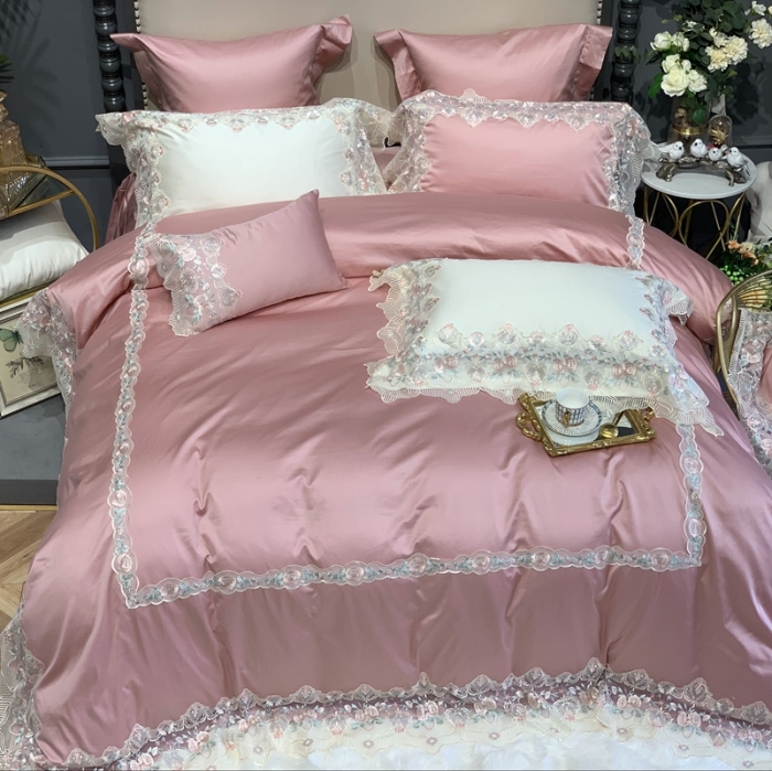 91家纺网 家纺一手货源 找家纺 缔缦家纺 2022新款100支长绒棉蕾丝系列四件套-蕊初 粉色