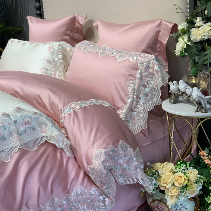 91家纺网 家纺一手货源 找家纺 缔缦家纺 2022新款100支长绒棉蕾丝系列四件套-蕊初 粉色