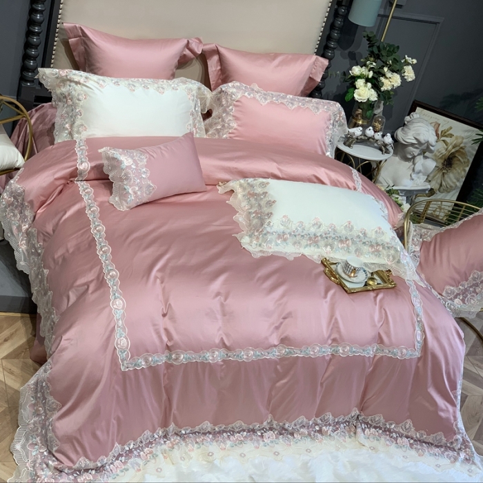 91家纺网 家纺一手货源 找家纺 缔缦家纺 2022新款100支长绒棉蕾丝系列四件套-蕊初 粉色