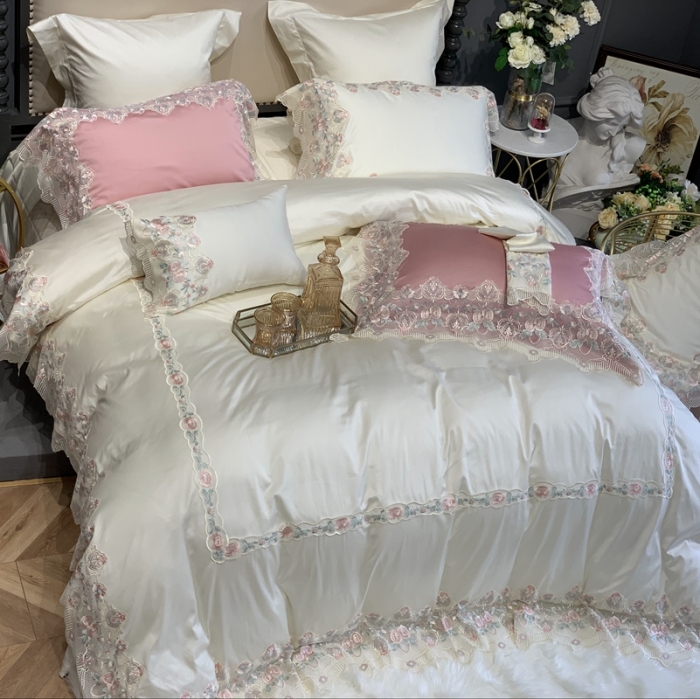 91家纺网 家纺一手货源 找家纺 缔缦家纺 2022新款100支长绒棉蕾丝系列四件套-蕊初 米白色