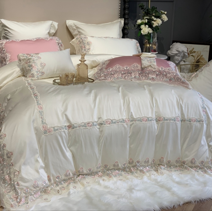 91家纺网 家纺一手货源 找家纺 缔缦家纺 2022新款100支长绒棉蕾丝系列四件套-蕊初 米白色