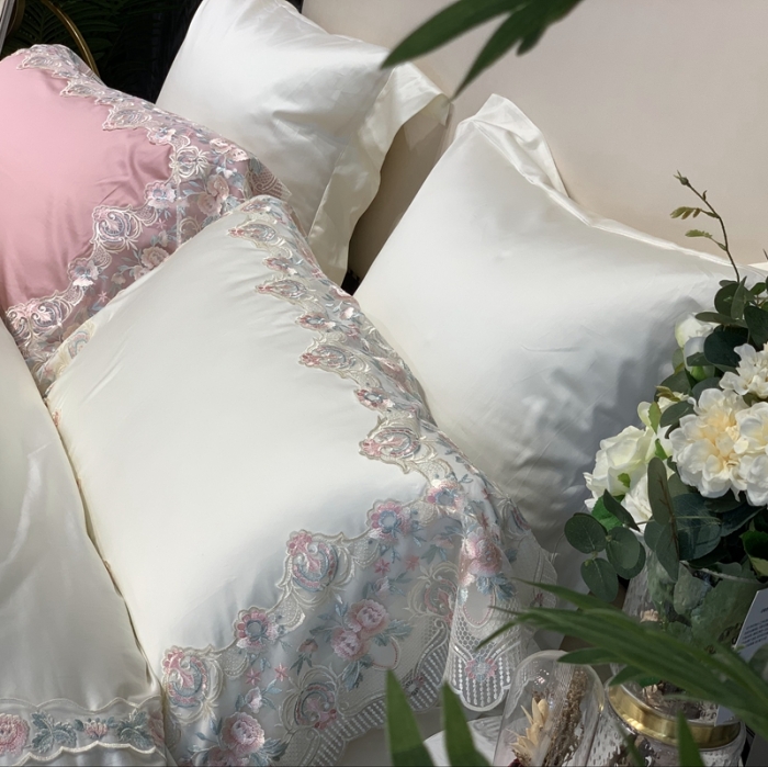 91家纺网 家纺一手货源 找家纺 缔缦家纺 2022新款100支长绒棉蕾丝系列四件套-蕊初 米白色