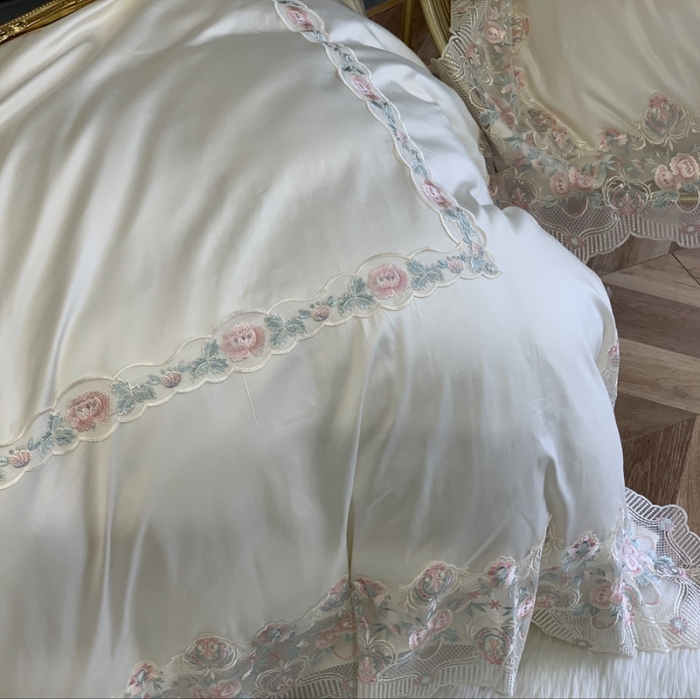 91家纺网 家纺一手货源 找家纺 缔缦家纺 2022新款100支长绒棉蕾丝系列四件套-蕊初 米白色