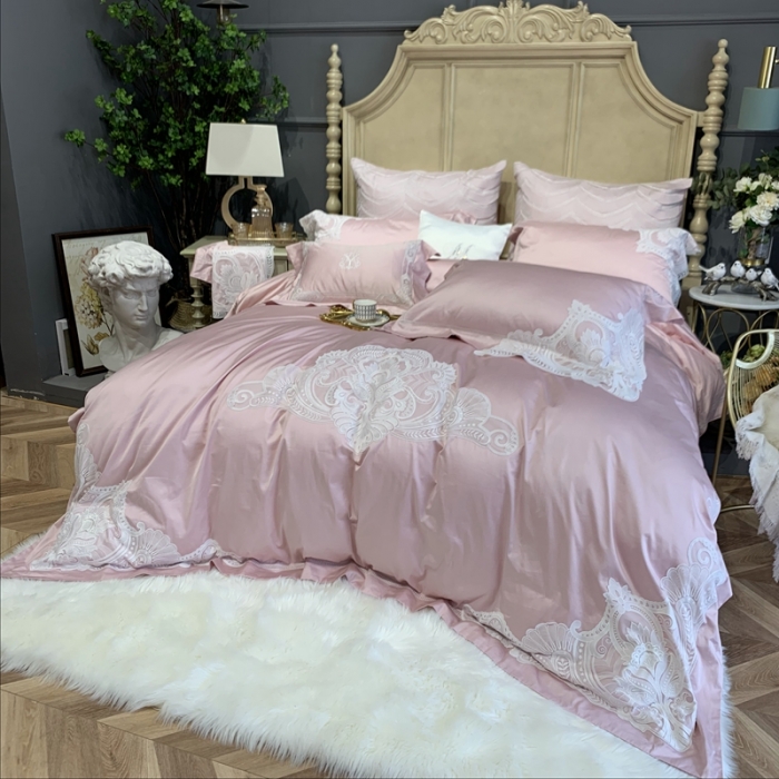 91家纺网 家纺一手货源 找家纺 缔缦家纺 2022新款100支长绒棉蕾丝系列四件套-塞拉 裸粉