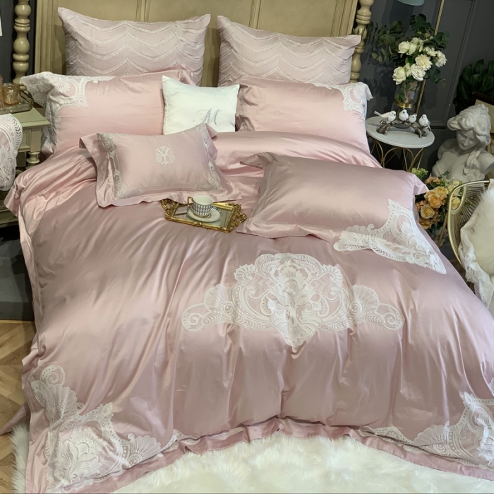 91家纺网 家纺一手货源 找家纺 缔缦家纺 2022新款100支长绒棉蕾丝系列四件套-塞拉 裸粉