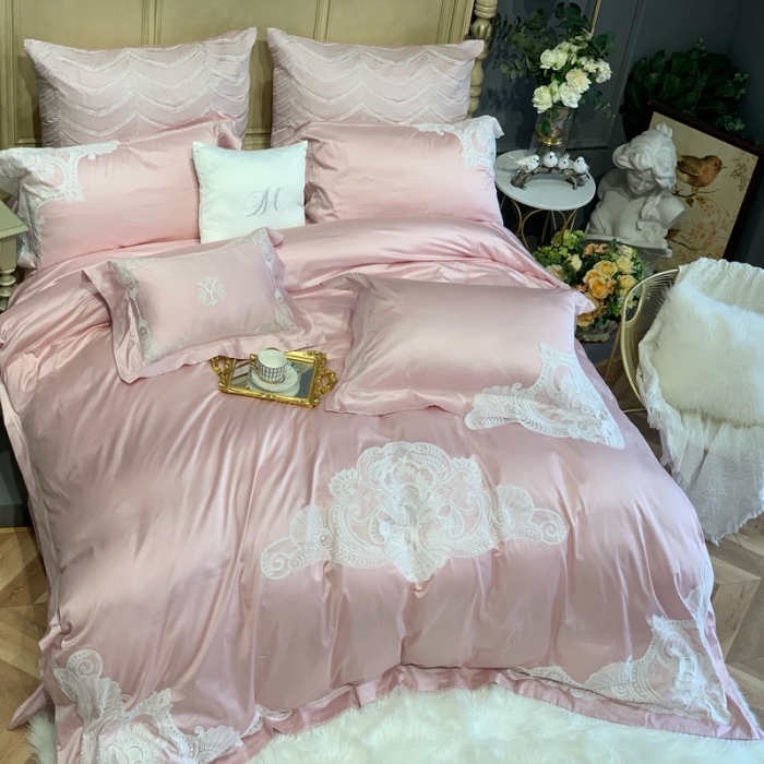 91家纺网 家纺一手货源 找家纺 缔缦家纺 2022新款100支长绒棉蕾丝系列四件套-塞拉 裸粉