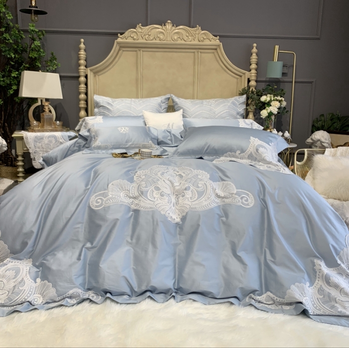 91家纺网 家纺一手货源 找家纺 缔缦家纺 2022新款100支长绒棉蕾丝系列四件套-塞拉 雾霾蓝