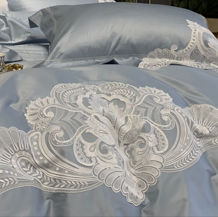 91家纺网 家纺一手货源 找家纺 缔缦家纺 2022新款100支长绒棉蕾丝系列四件套-塞拉 雾霾蓝