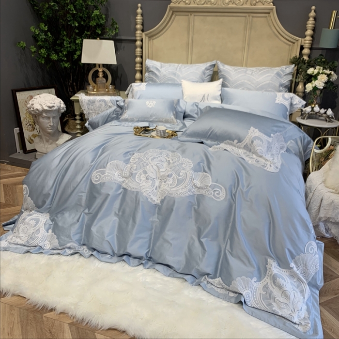 91家纺网 家纺一手货源 找家纺 缔缦家纺 2022新款100支长绒棉蕾丝系列四件套-塞拉 雾霾蓝