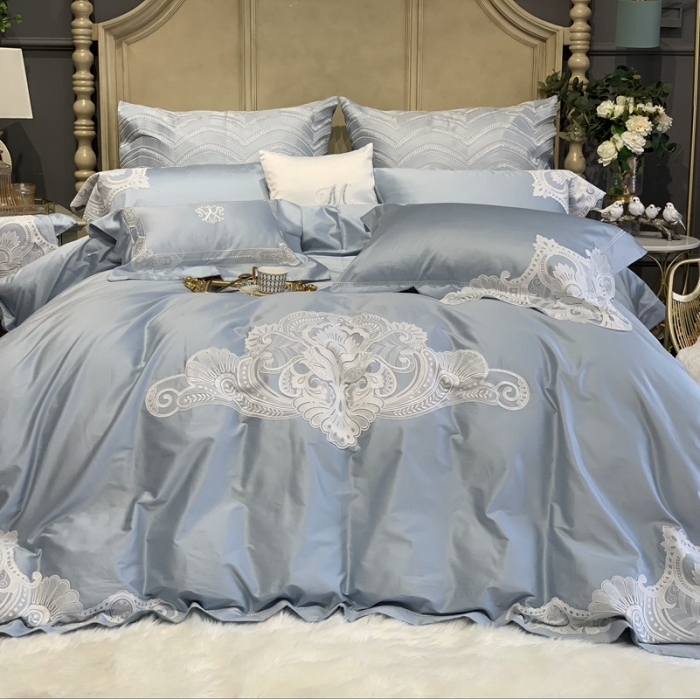 91家纺网 家纺一手货源 找家纺 缔缦家纺 2022新款100支长绒棉蕾丝系列四件套-塞拉 雾霾蓝