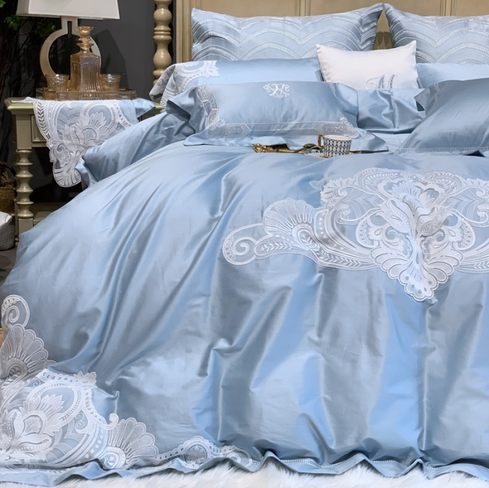 91家纺网 家纺一手货源 找家纺 缔缦家纺 2022新款100支长绒棉蕾丝系列四件套-塞拉 雾霾蓝