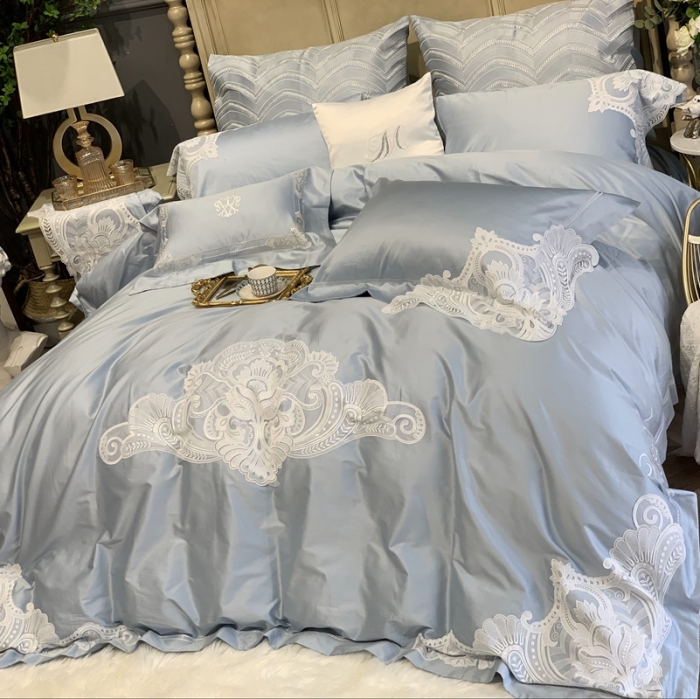 91家纺网 家纺一手货源 找家纺 缔缦家纺 2022新款100支长绒棉蕾丝系列四件套-塞拉 雾霾蓝