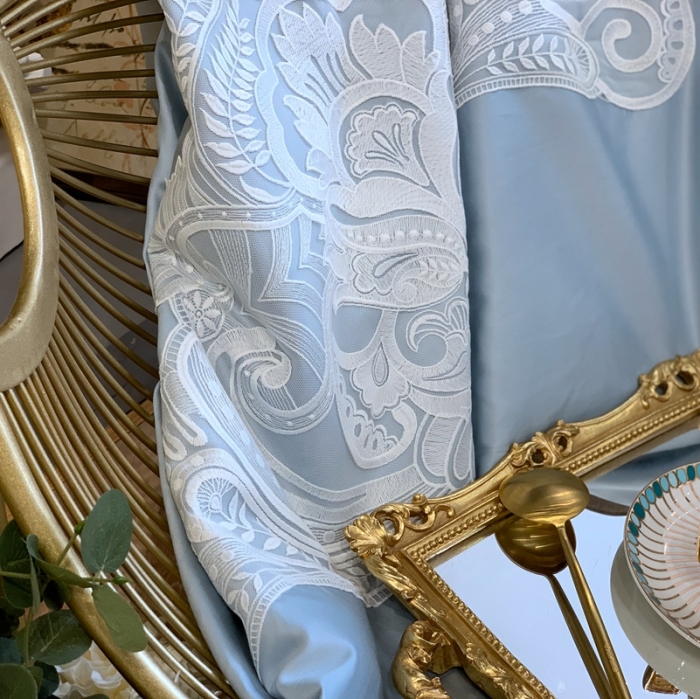 91家纺网 家纺一手货源 找家纺 缔缦家纺 2022新款100支长绒棉蕾丝系列四件套-塞拉 雾霾蓝