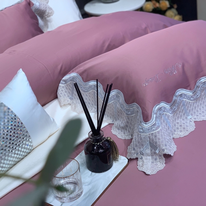 91家纺网 家纺一手货源 找家纺 缔缦家纺 2022新款100支长绒棉蕾丝系列四件套-奥黛丽 豆沙粉