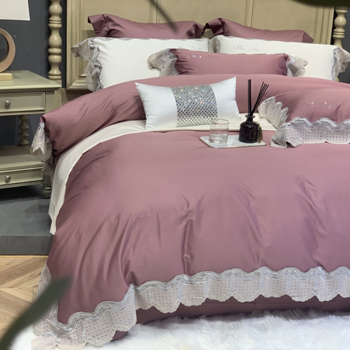 91家纺网 家纺一手货源 找家纺 缔缦家纺 2022新款100支长绒棉蕾丝系列四件套-奥黛丽 豆沙粉