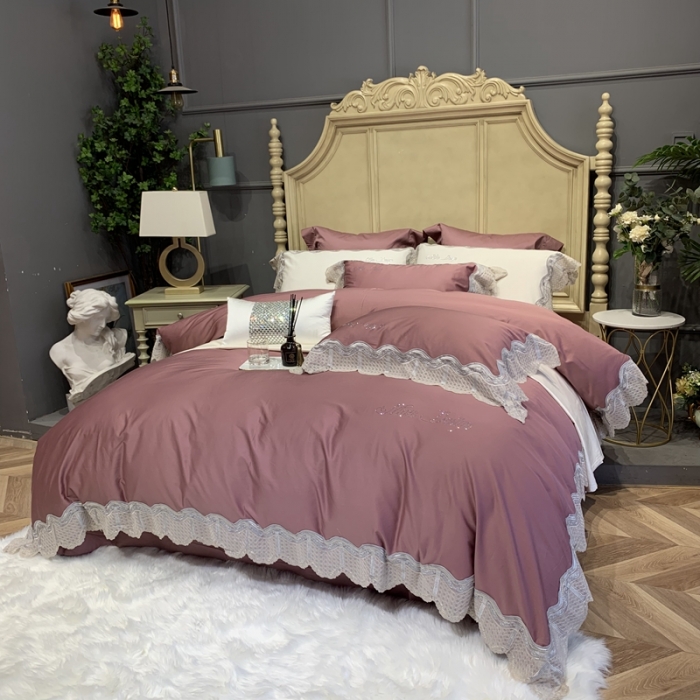 91家纺网 家纺一手货源 找家纺 缔缦家纺 2022新款100支长绒棉蕾丝系列四件套-奥黛丽 豆沙粉