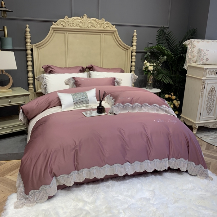 91家纺网 家纺一手货源 找家纺 缔缦家纺 2022新款100支长绒棉蕾丝系列四件套-奥黛丽 豆沙粉