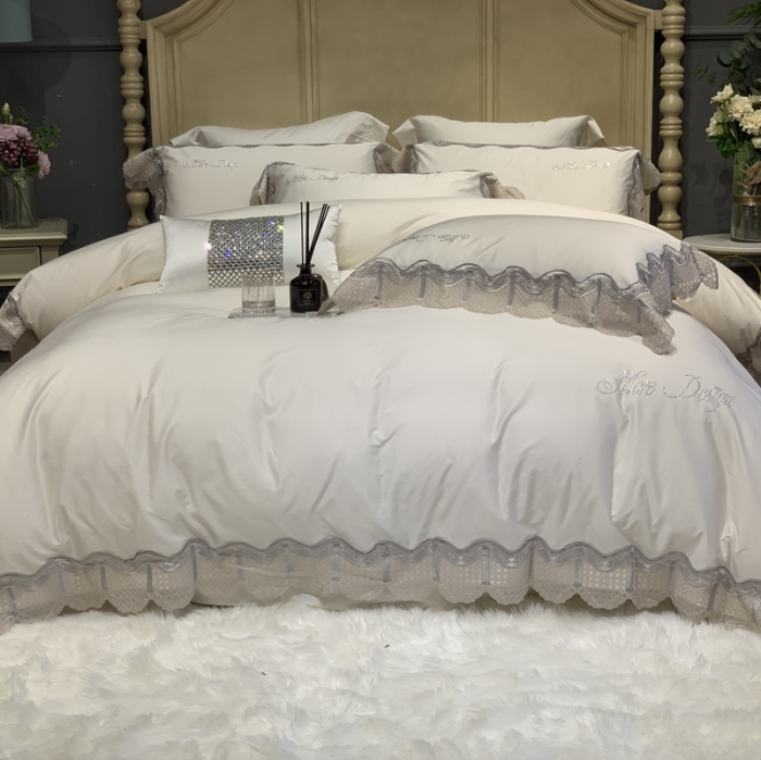 91家纺网 家纺一手货源 找家纺 缔缦家纺 2022新款100支长绒棉蕾丝系列四件套-奥黛丽 贵族白