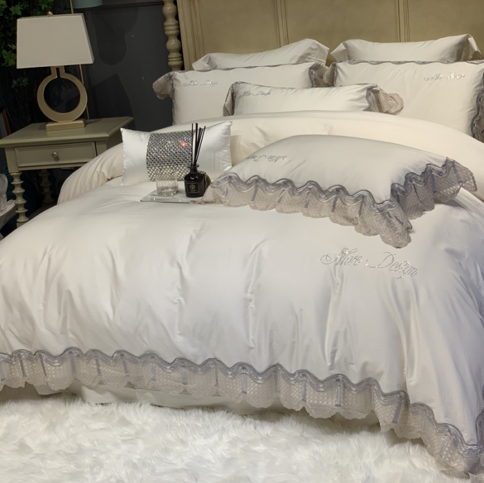 91家纺网 家纺一手货源 找家纺 缔缦家纺 2022新款100支长绒棉蕾丝系列四件套-奥黛丽 贵族白