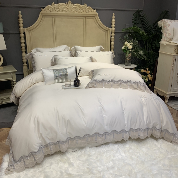 91家纺网 家纺一手货源 找家纺 缔缦家纺 2022新款100支长绒棉蕾丝系列四件套-奥黛丽 贵族白