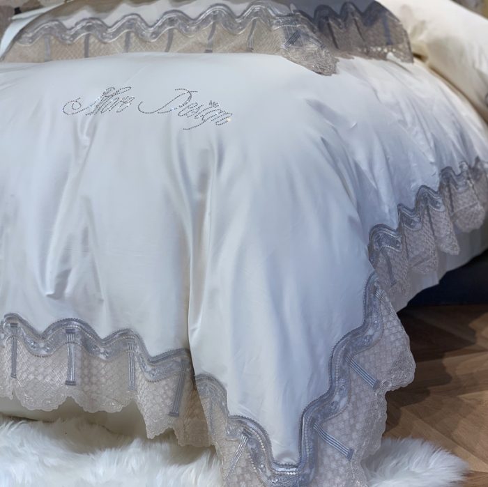 91家纺网 家纺一手货源 找家纺 缔缦家纺 2022新款100支长绒棉蕾丝系列四件套-奥黛丽 贵族白
