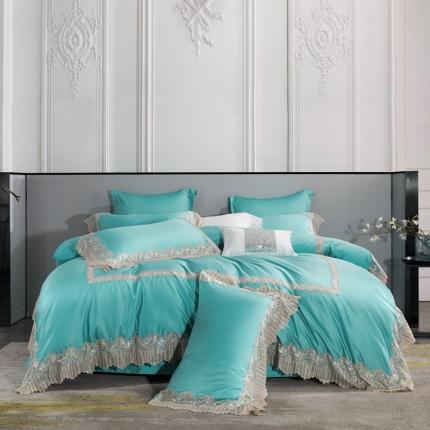 91家纺网 家纺一手货源 找家纺 缔缦家纺 2022新款100支长绒棉蕾丝系列四件套-莫奈 蒂芙尼蓝