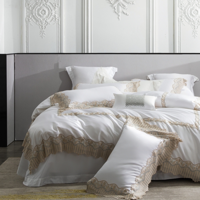 91家纺网 家纺一手货源 找家纺 缔缦家纺 2022新款100支长绒棉蕾丝系列四件套-莫奈 本白