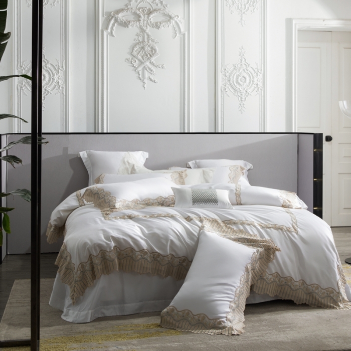 91家纺网 家纺一手货源 找家纺 缔缦家纺 2022新款100支长绒棉蕾丝系列四件套-莫奈 本白