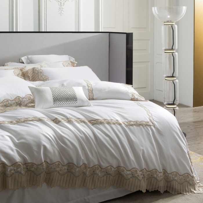 91家纺网 家纺一手货源 找家纺 缔缦家纺 2022新款100支长绒棉蕾丝系列四件套-莫奈 本白