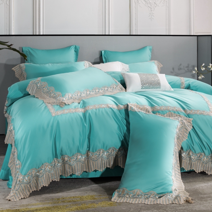 91家纺网 家纺一手货源 找家纺 缔缦家纺 2022新款100支长绒棉蕾丝系列四件套-莫奈 蒂芙尼蓝