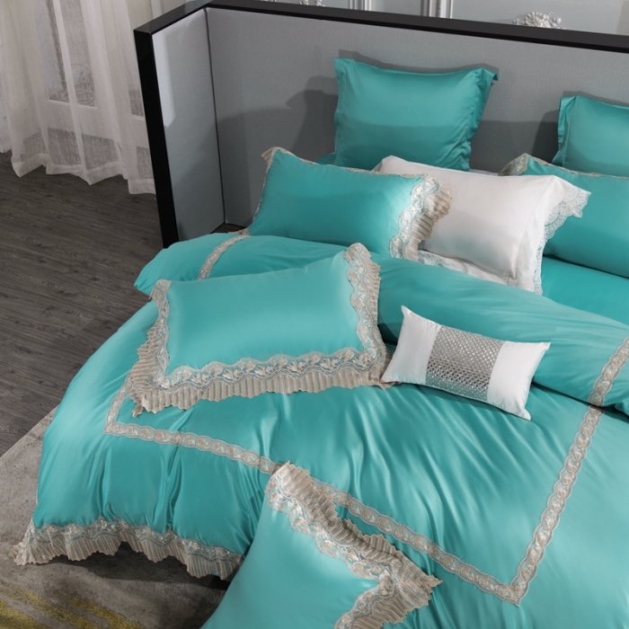 91家纺网 家纺一手货源 找家纺 缔缦家纺 2022新款100支长绒棉蕾丝系列四件套-莫奈 蒂芙尼蓝