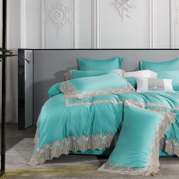 91家纺网 家纺一手货源 找家纺 缔缦家纺 2022新款100支长绒棉蕾丝系列四件套-莫奈 蒂芙尼蓝