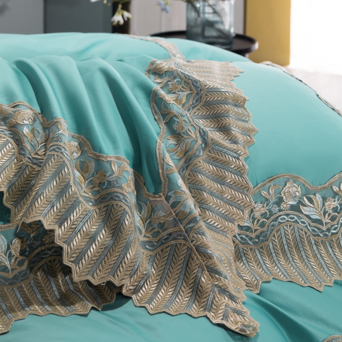 91家纺网 家纺一手货源 找家纺 缔缦家纺 2022新款100支长绒棉蕾丝系列四件套-莫奈 蒂芙尼蓝